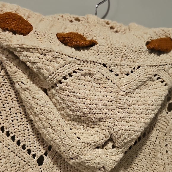 Vintage 80s Crochet Cardigan Long Cream Brown Knit Bohemian Large Retro Patches - Picture 11 of 12